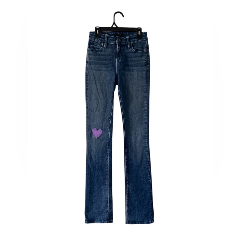 Straight Leg Women's Jeans with Purple Heart Patch - Dark Blue